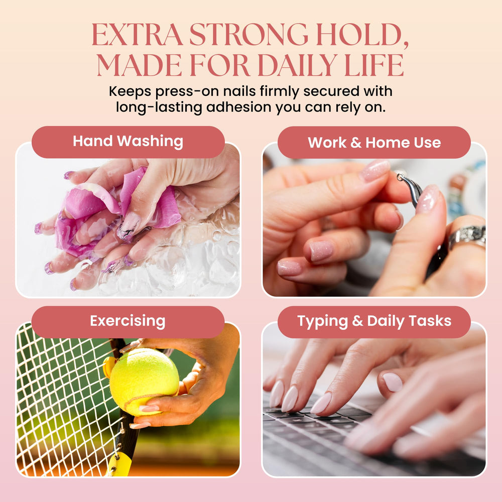 Secret Nails GLUI press-on nails application demonstrates easy, secure fit for flexible designs.