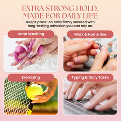 Secret Nails GLUI press-on nails application demonstrates easy, secure fit for flexible designs.