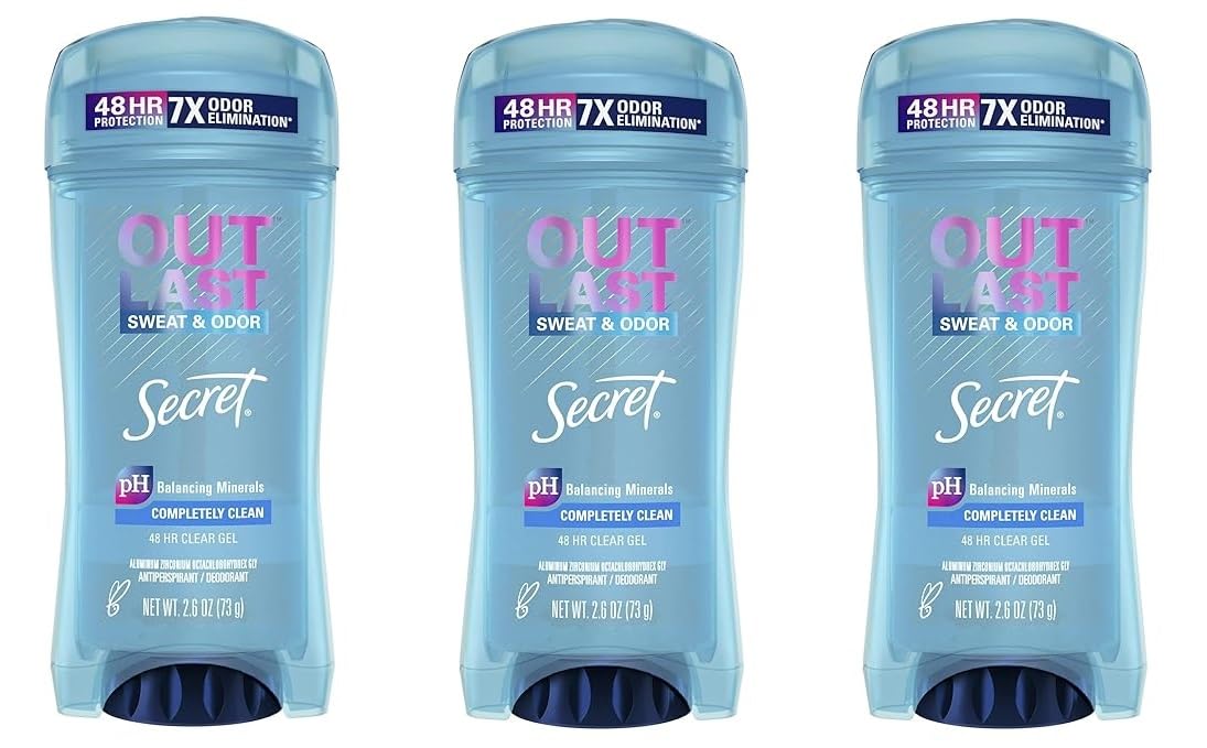 Secret Outlast Clear Gel 3-pack bottles highlight long-lasting odor protection.