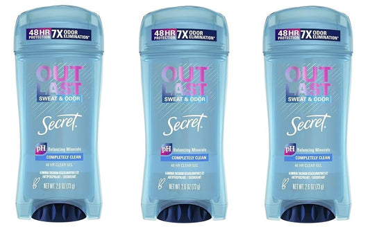 Secret Outlast Clear Gel 3-pack bottles highlight long-lasting odor protection.