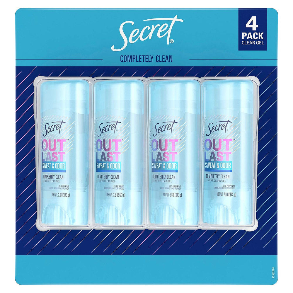 Secret Outlast Clear Gel deodorant bottle 4-pack delivers long-lasting odor protection.