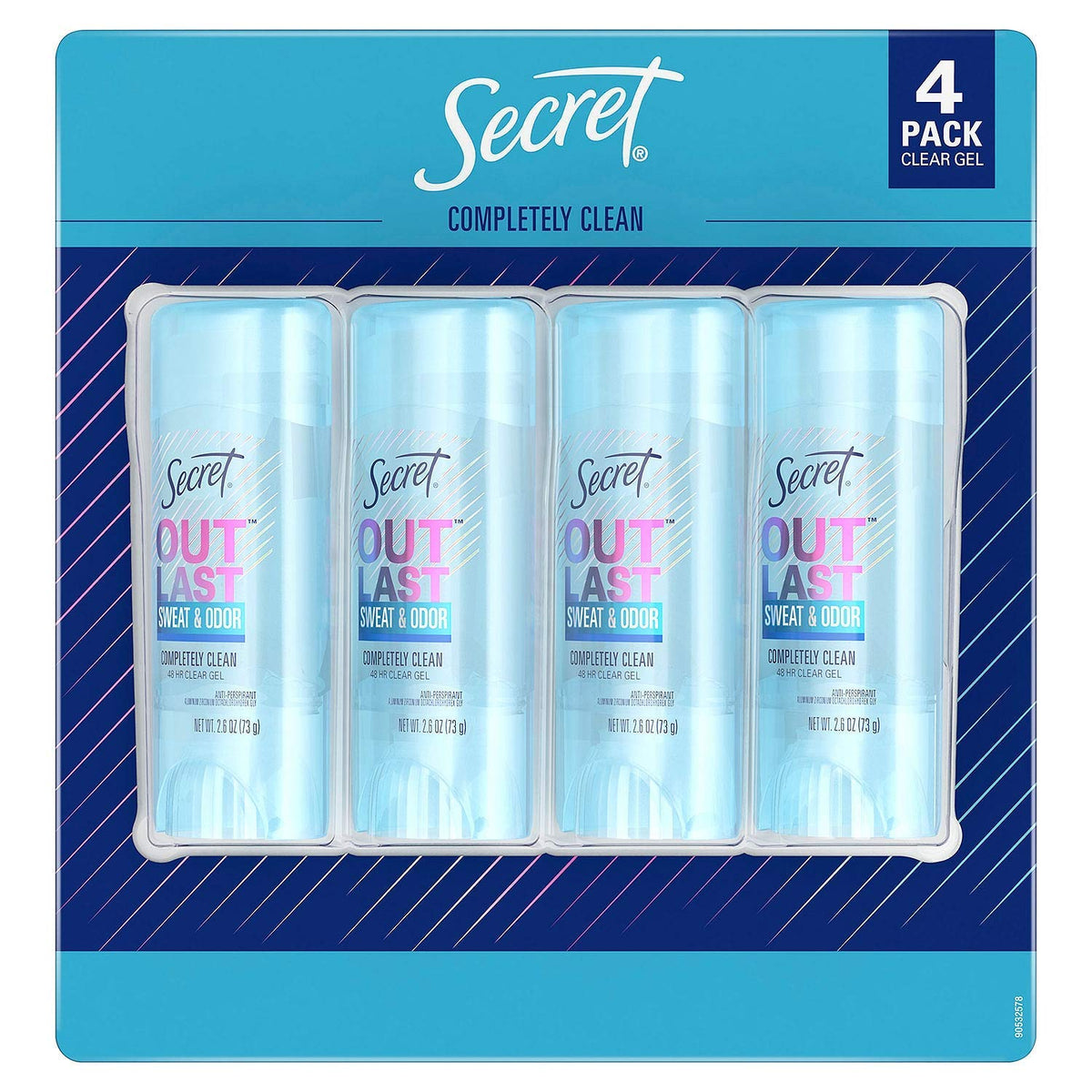 Secret Outlast Clear Gel deodorant bottle 4-pack delivers long-lasting odor protection.