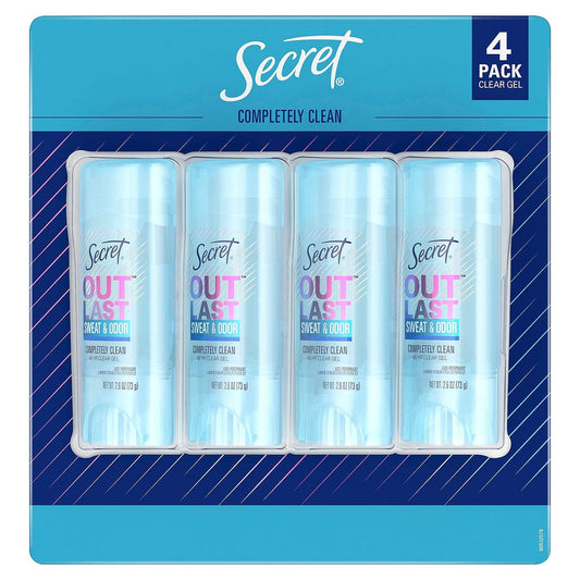 Secret Outlast Clear Gel deodorant bottle 4-pack delivers long-lasting odor protection.