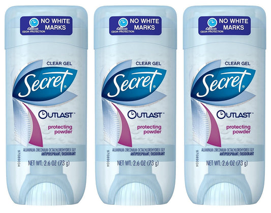 Secret Outlast Xtend Protecting Powder bottle with clear gel deodorant for long-lasting protection.