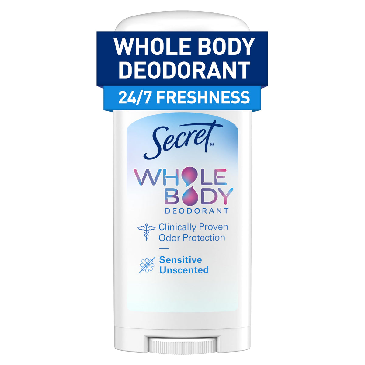 Secret Whole Body Deodorant Stick unscented packaging shows aluminum-free formula