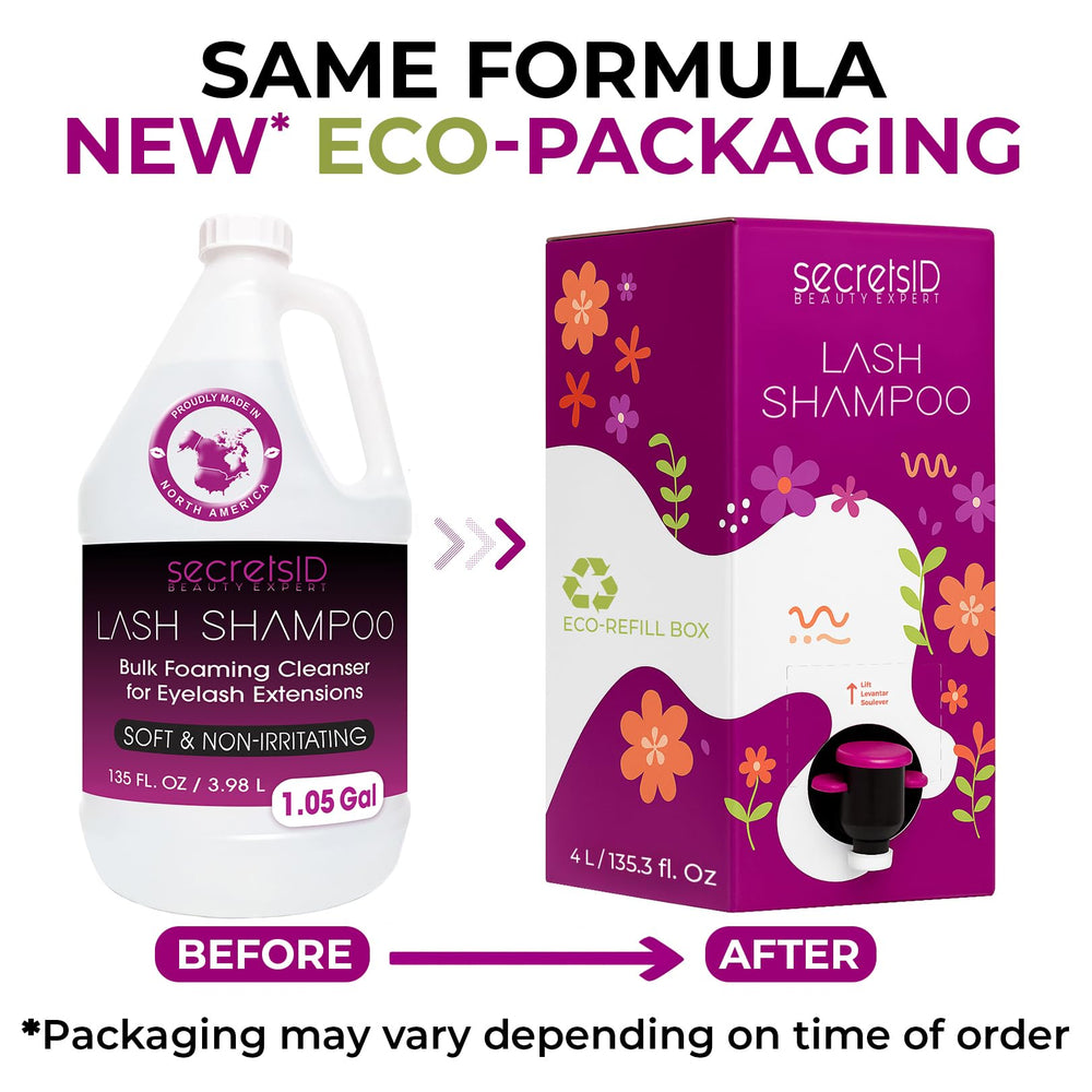 Leak-proof eco-refill container for SecretsID lash shampoo.