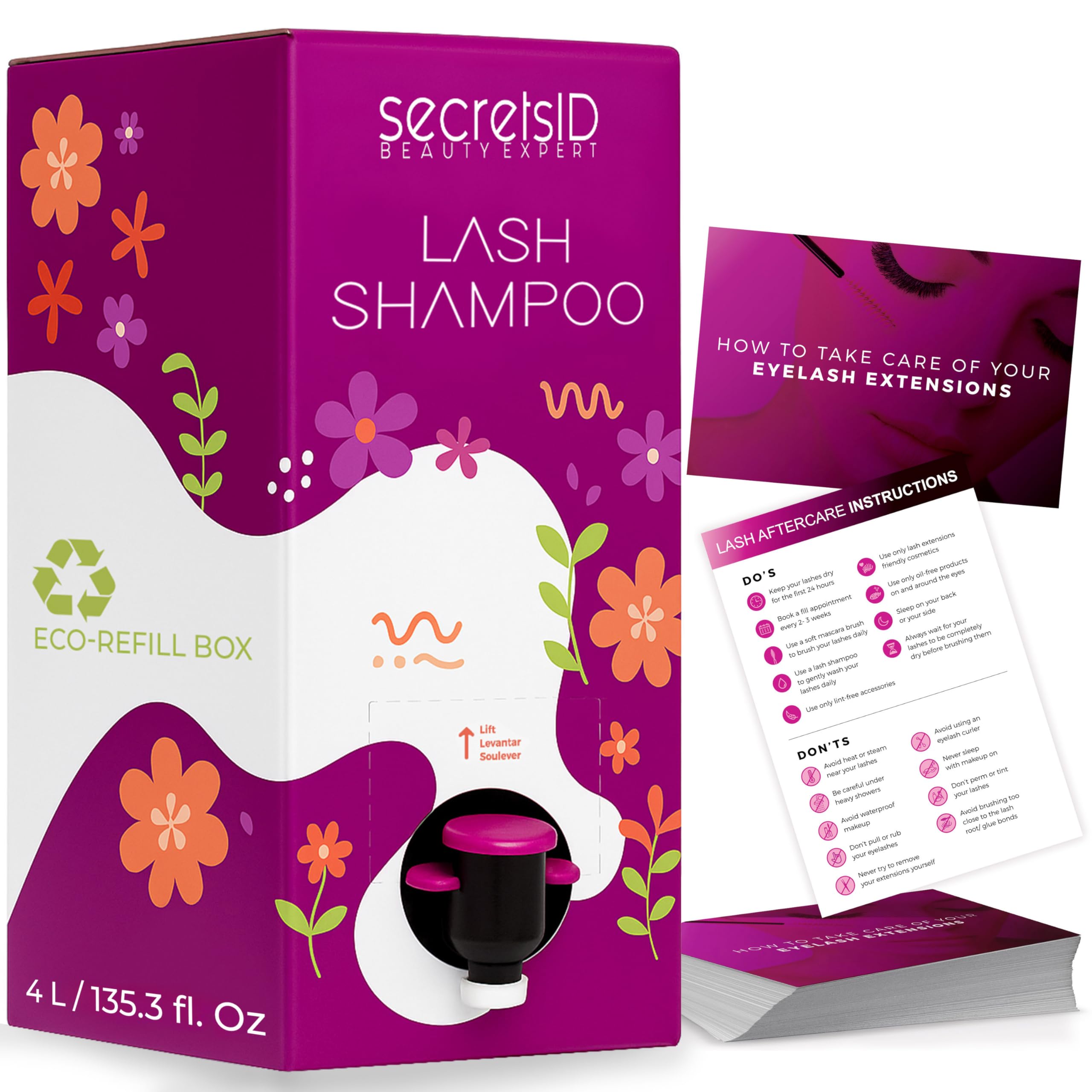 SecretsID Pro lash shampoo 4L bulk refill ready for salon use.