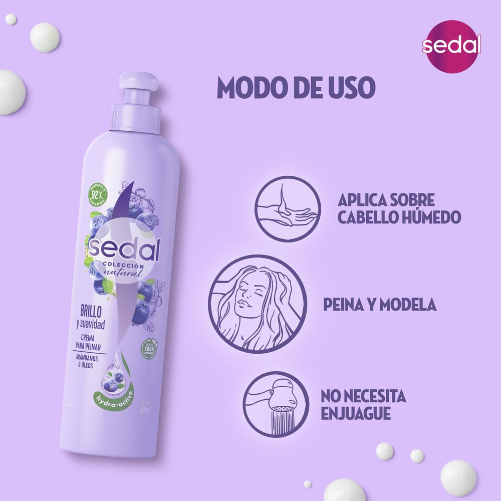 Sedal blueberries and oils ingredients highlight natural extracts for nourished hair.