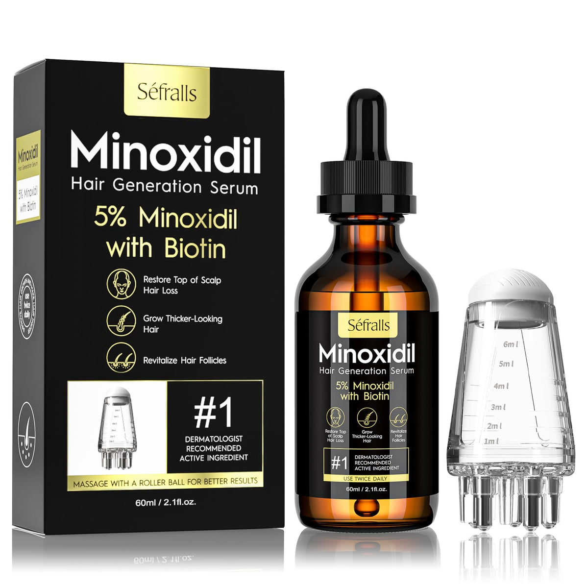 Sefralls 5% Minoxidil hair growth oil bottle pour for easy daily scalp nourishment