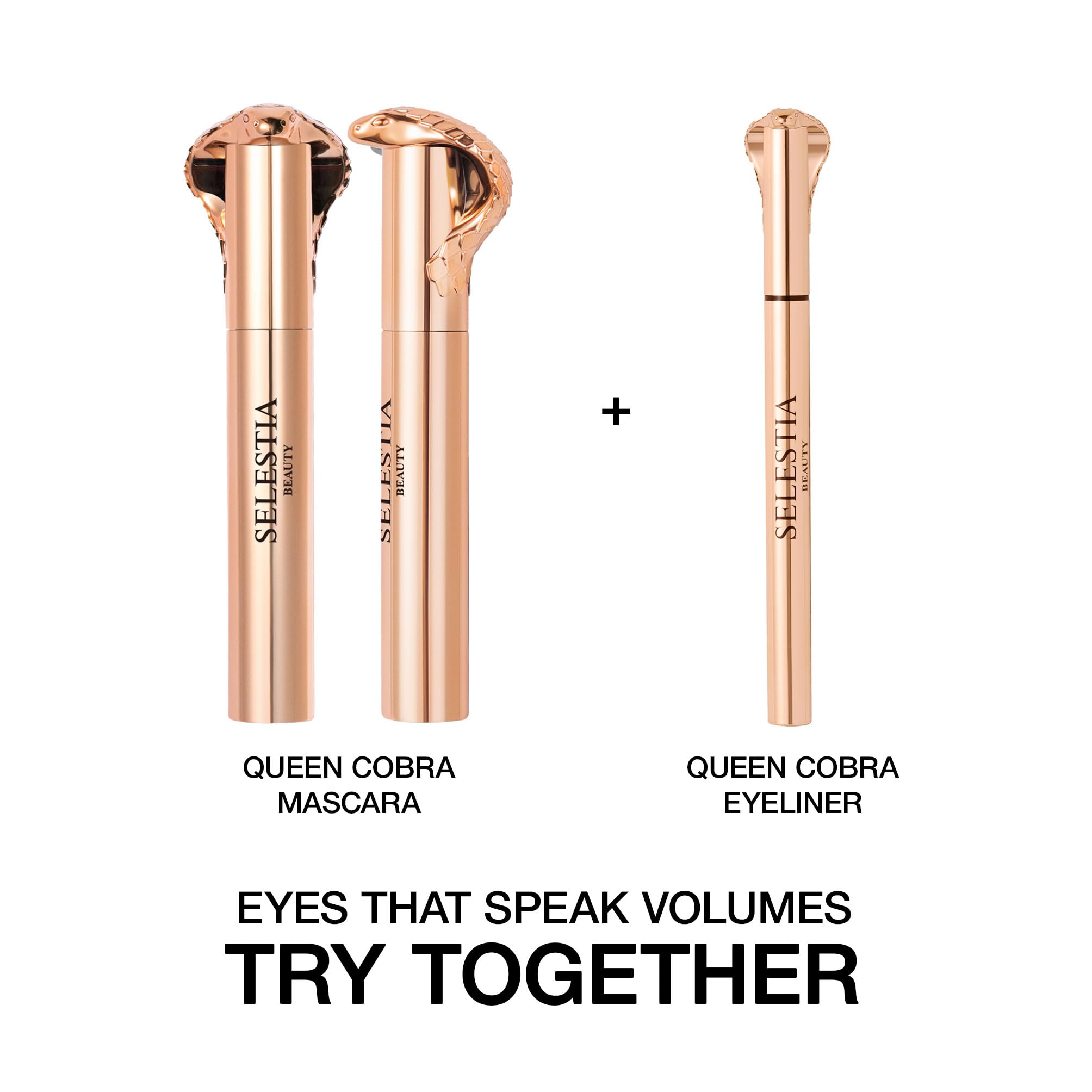 Luxurious gold snake-inspired packaging of Queen Cobra mascara.