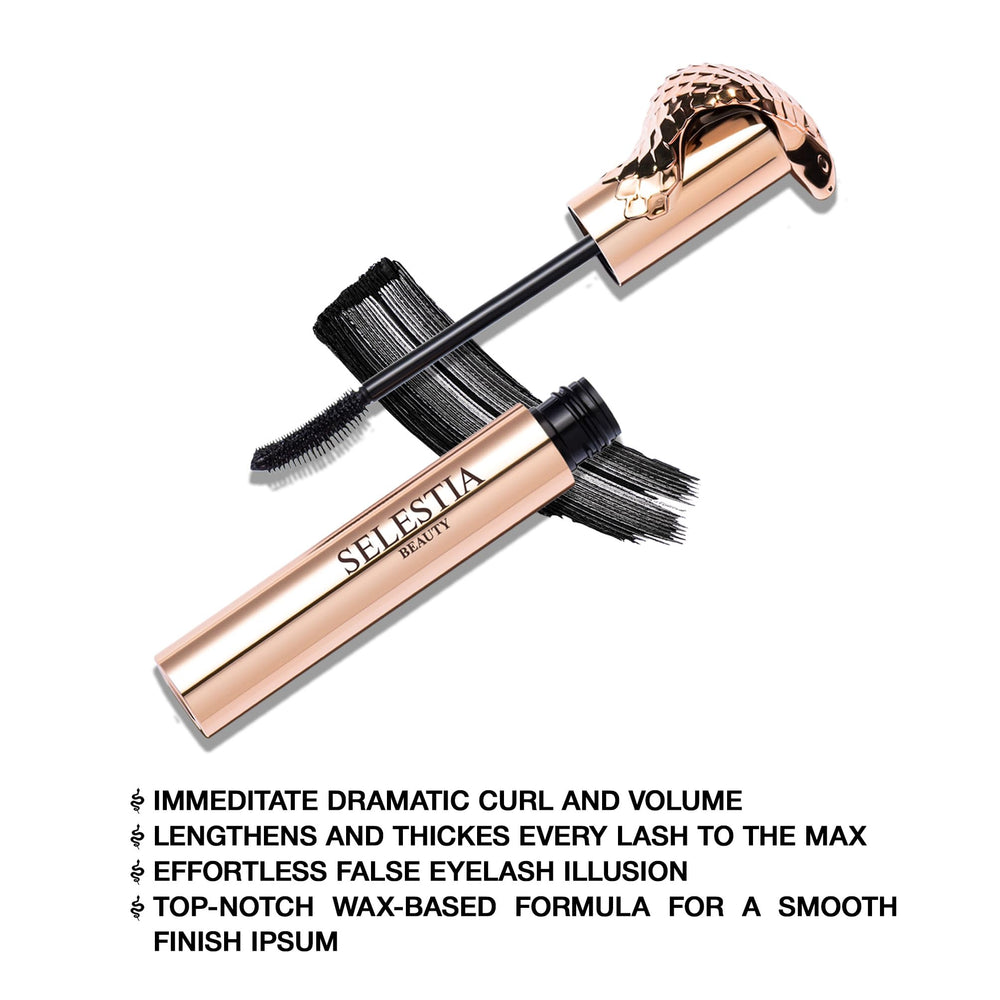 Wand applying Queen Cobra mascara to lift lashes.