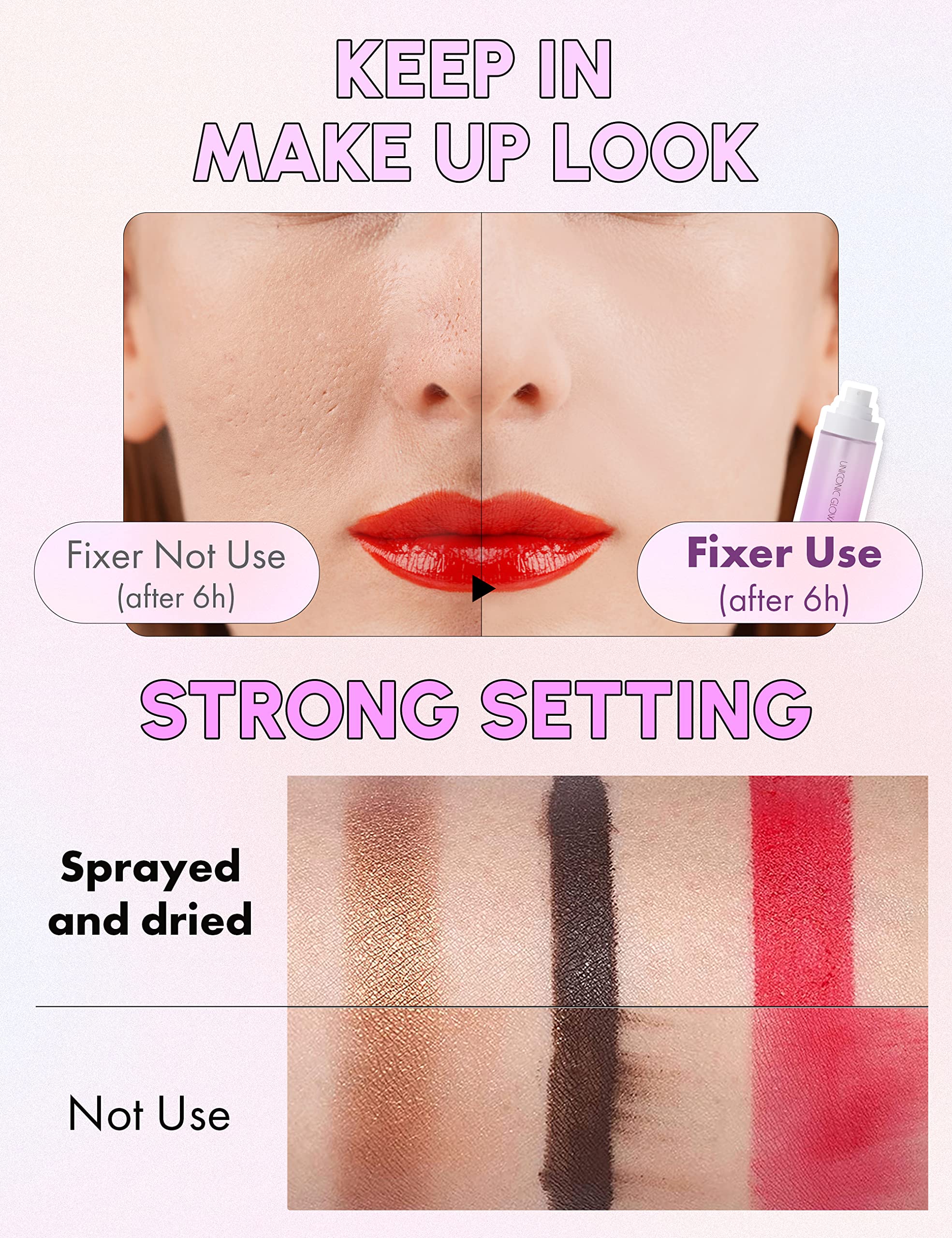 Self Beauty Glow hydrating mist being applied to refresh makeup.