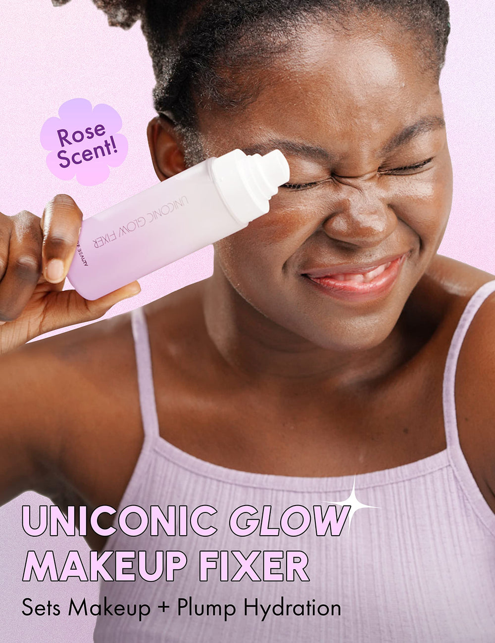 Self Beauty Glow microfine mist applying evenly on the face for a smooth finish.
