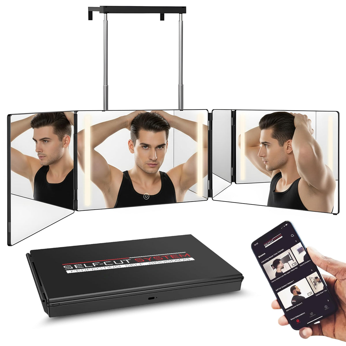 Self-Cut System 3-Way Mirror with LED lights for precise at-home haircuts.
