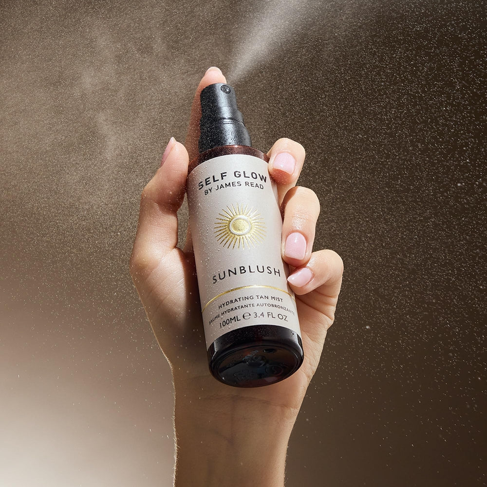 Aloe soothing action shown on Sunblush Tan Mist bottle.