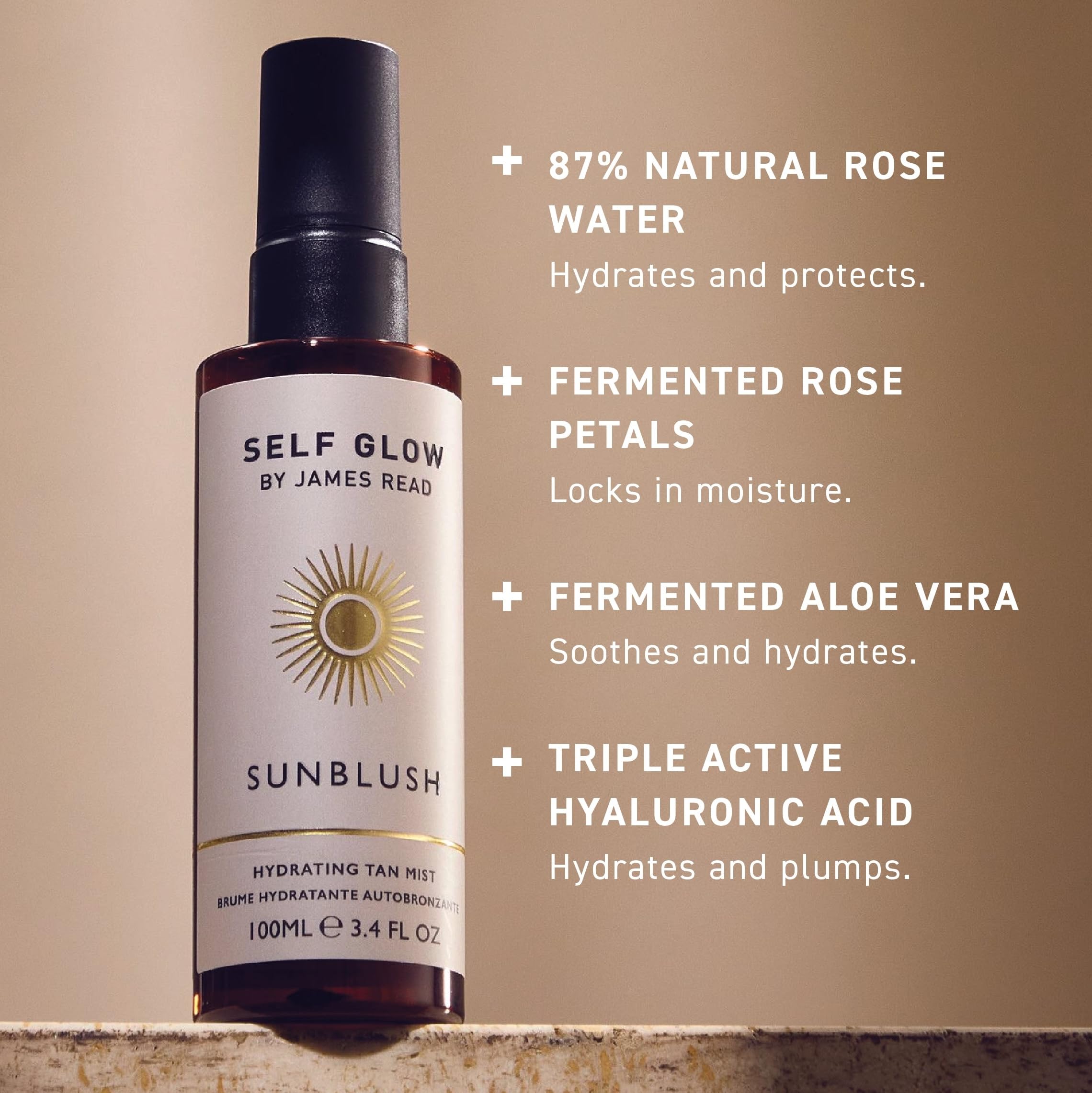Rosewater-ingredient highlight on Sunblush Tan Mist bottle.