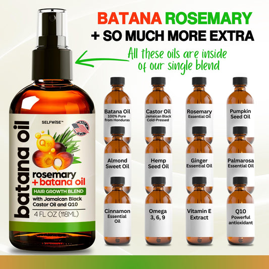 Ingredients blend with rosemary and castor in SELFWISE Batana Oil.