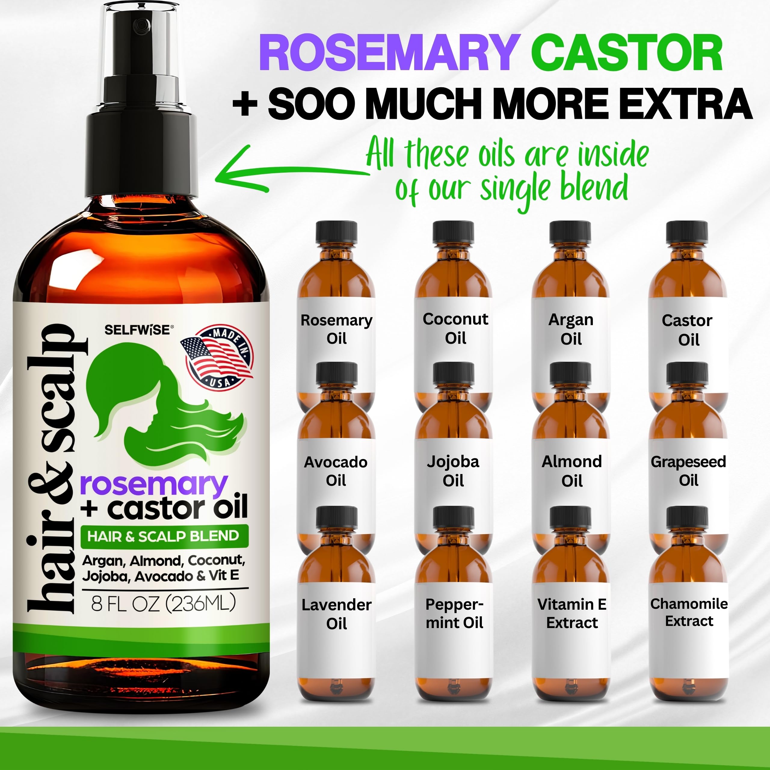 Selfwise rosemary-castor oil blend ingredients laid out for hair nourishment.