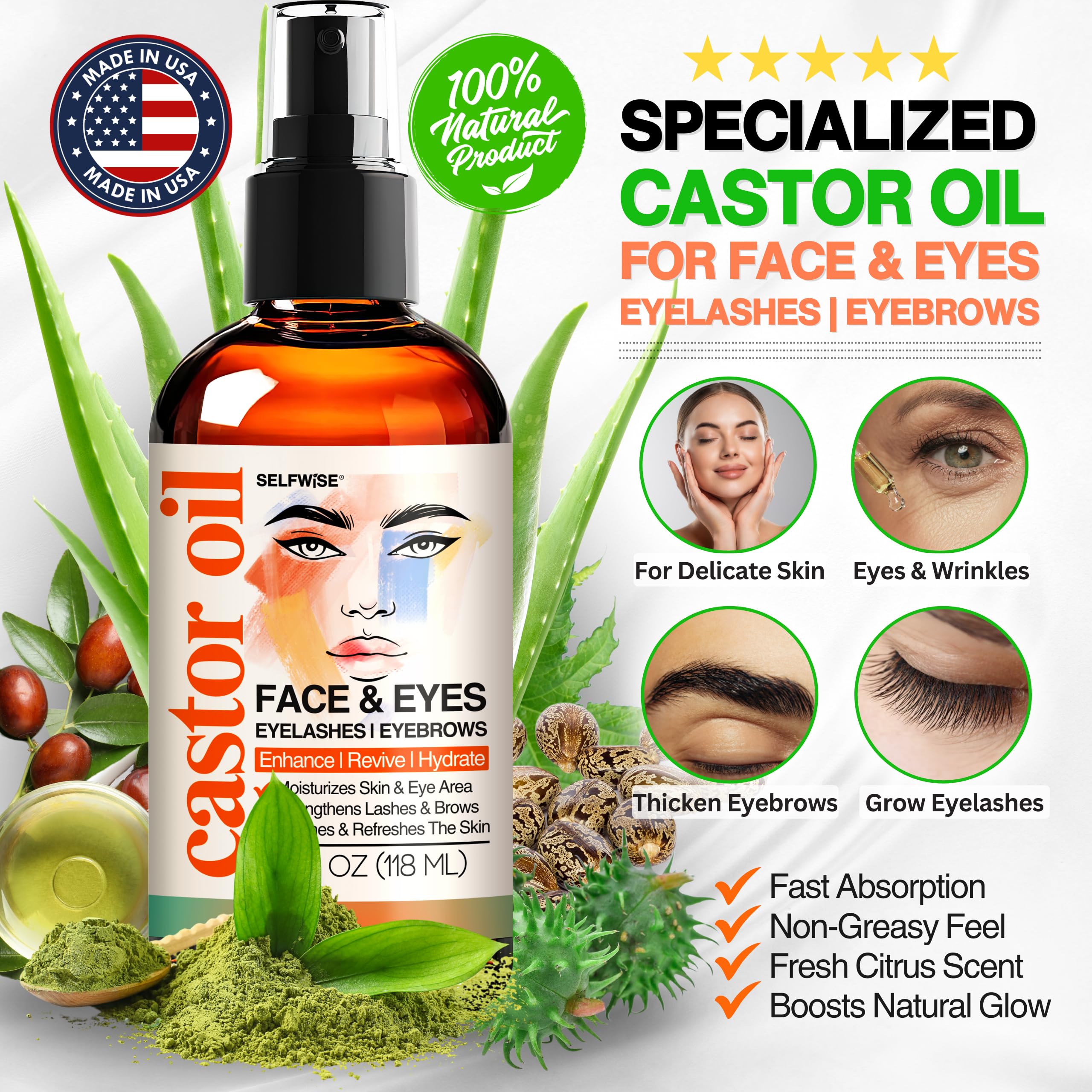 SELFWISE Organic Castor Oil Brow Conditioner supports fuller, defined brows.