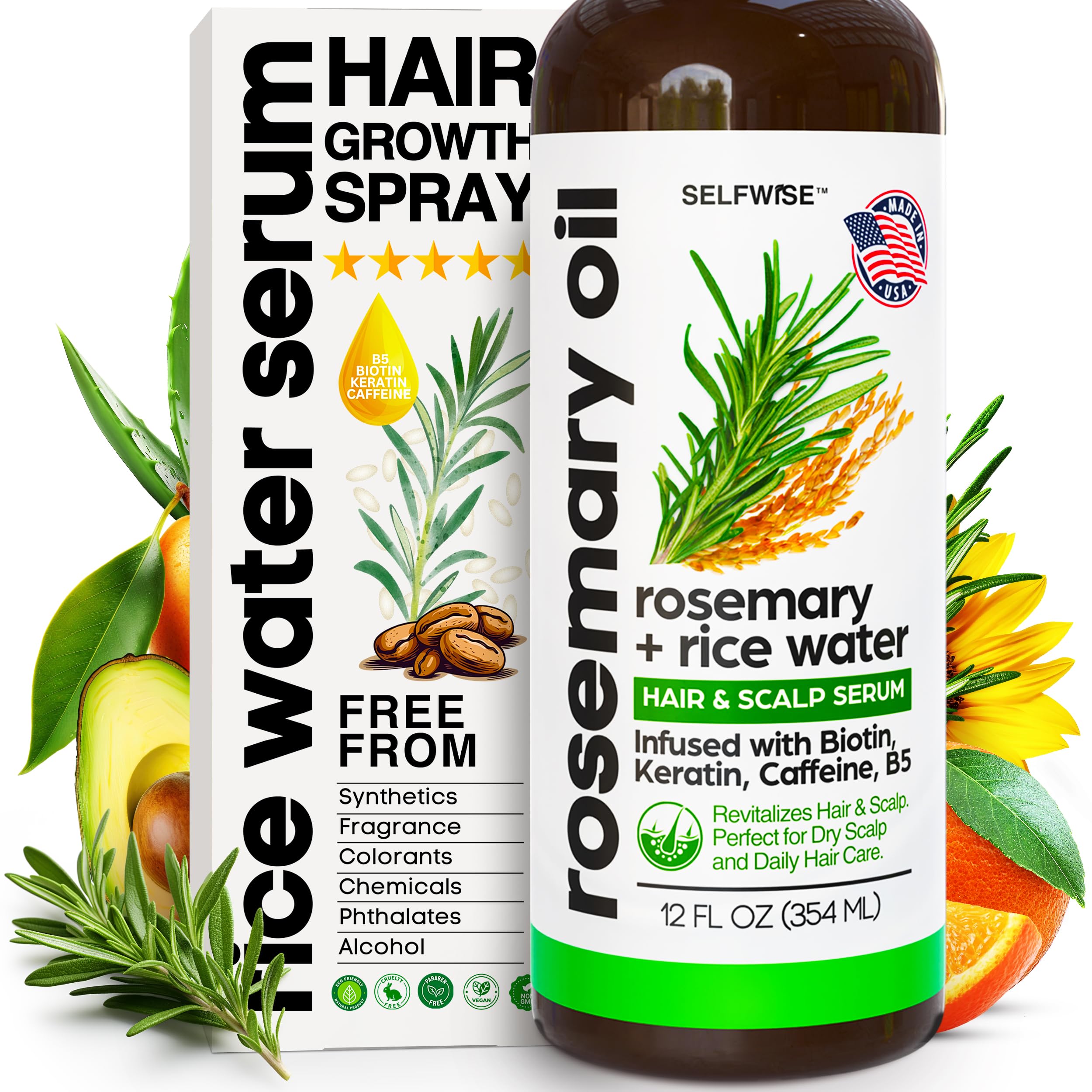 SELFWISE Rosemary Rice Water Spray bottle for daily scalp refreshment
