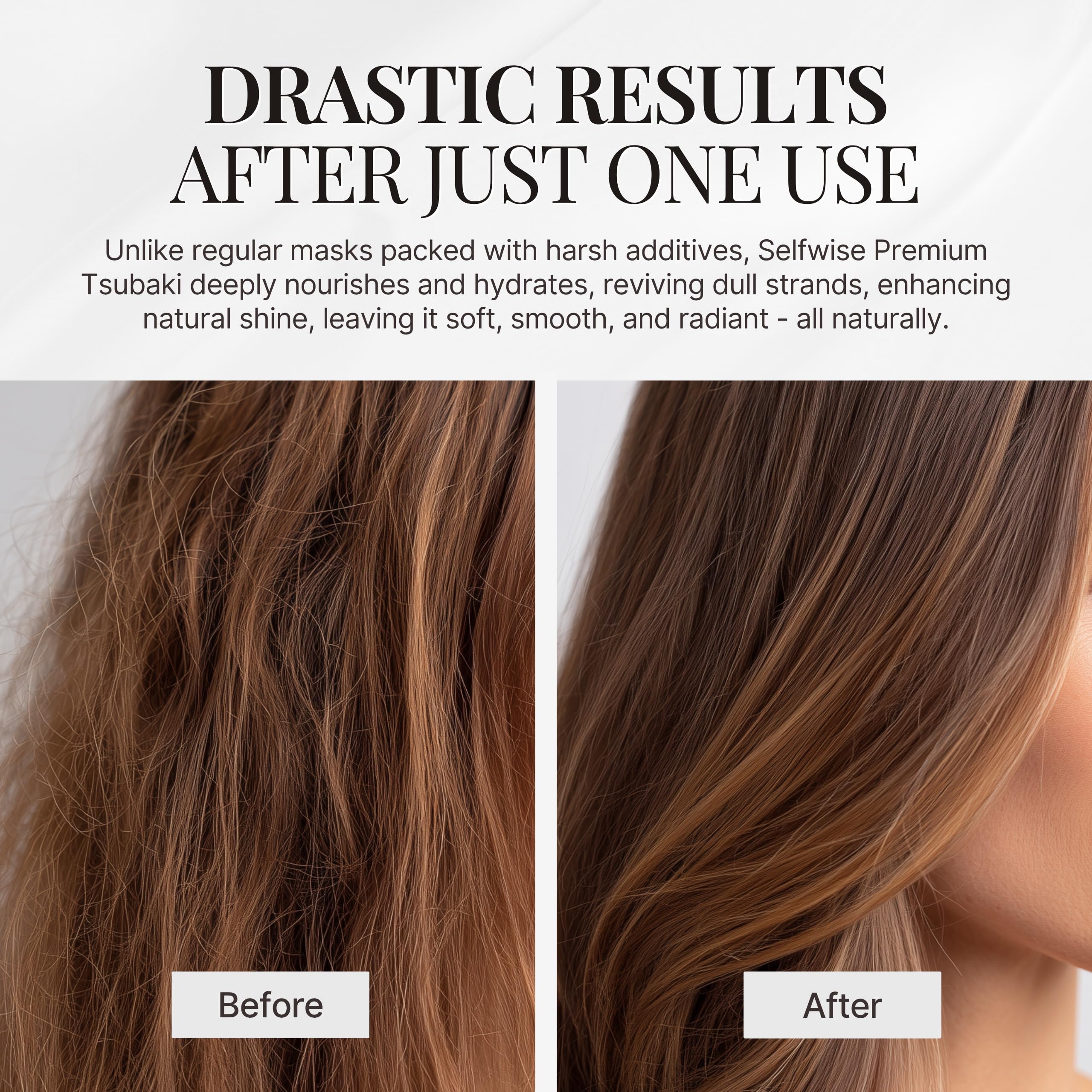 SELFWISE Tsubaki Hair Mask camellia oil droplets evoke pure botanical hydration.