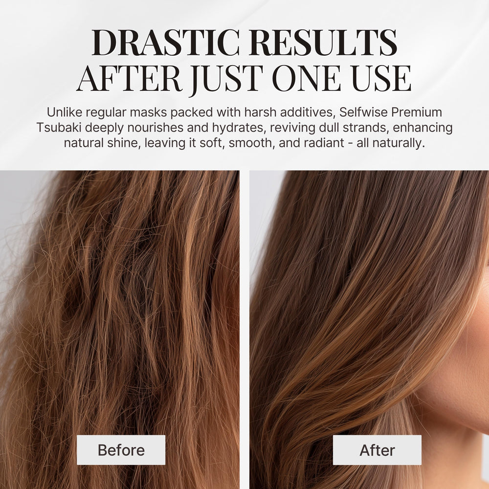 SELFWISE Tsubaki Hair Mask camellia oil droplets evoke pure botanical hydration.