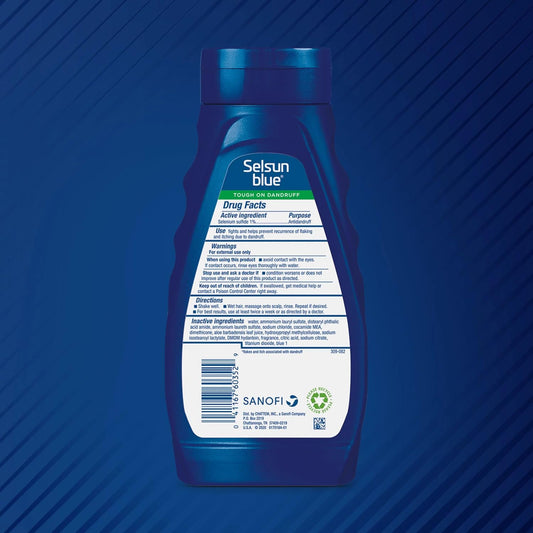 Selsun Blue shampoo being massaged onto scalp for potential dandruff relief