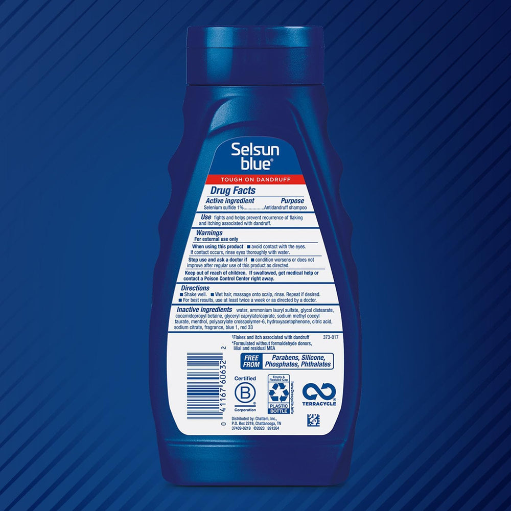 Selsun Blue label closeup highlighting 1% selenium sulfide