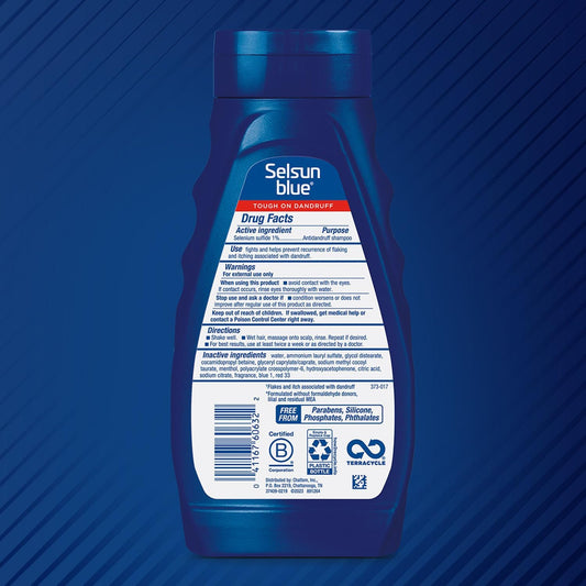 Selsun Blue label closeup highlighting 1% selenium sulfide