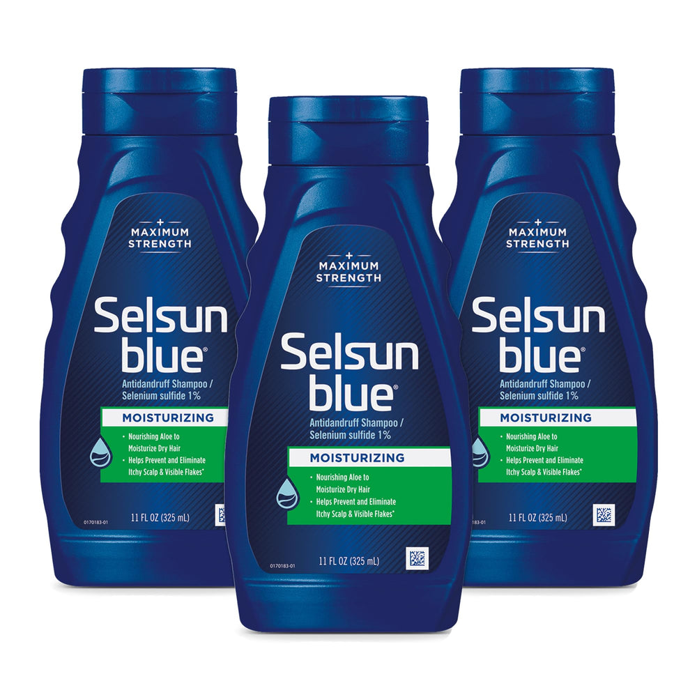 Selsun Blue bottle with aloe for moisturized hair and dandruff care