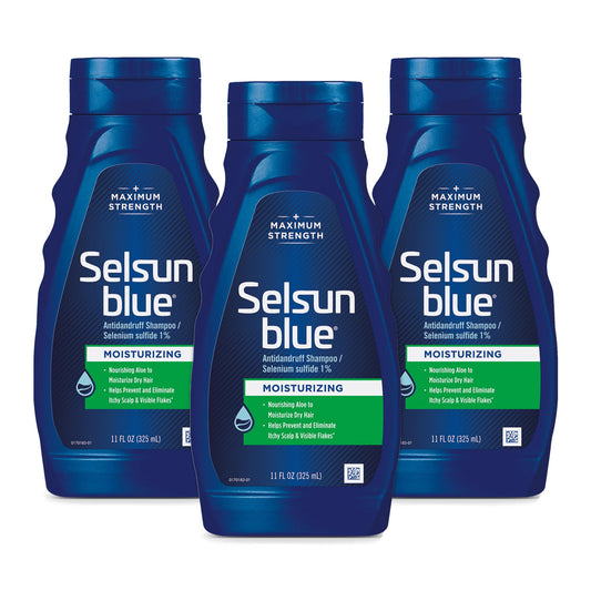 Selsun Blue bottle with aloe for moisturized hair and dandruff care