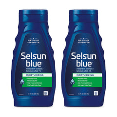 Selsun Blue moisturizing anti-dandruff shampoo bottle with 1% selenium sulfide for relief.