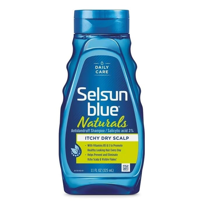 Selsun Naturals anti-dandruff shampoo bottle showcasing hydrating formula for scalp comfort.