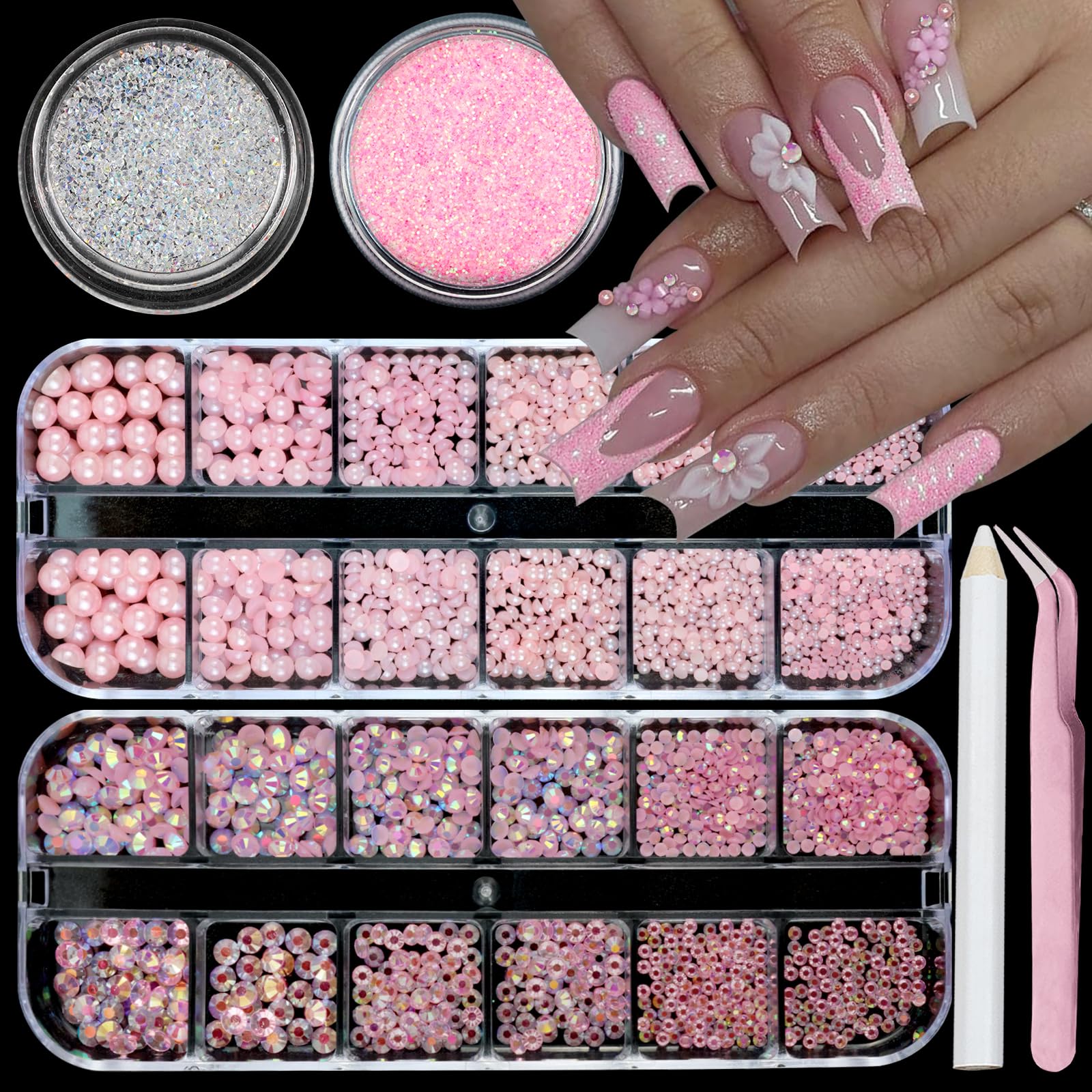 SEMATA front box and contents showing mixed pink pearls for easy kit use
