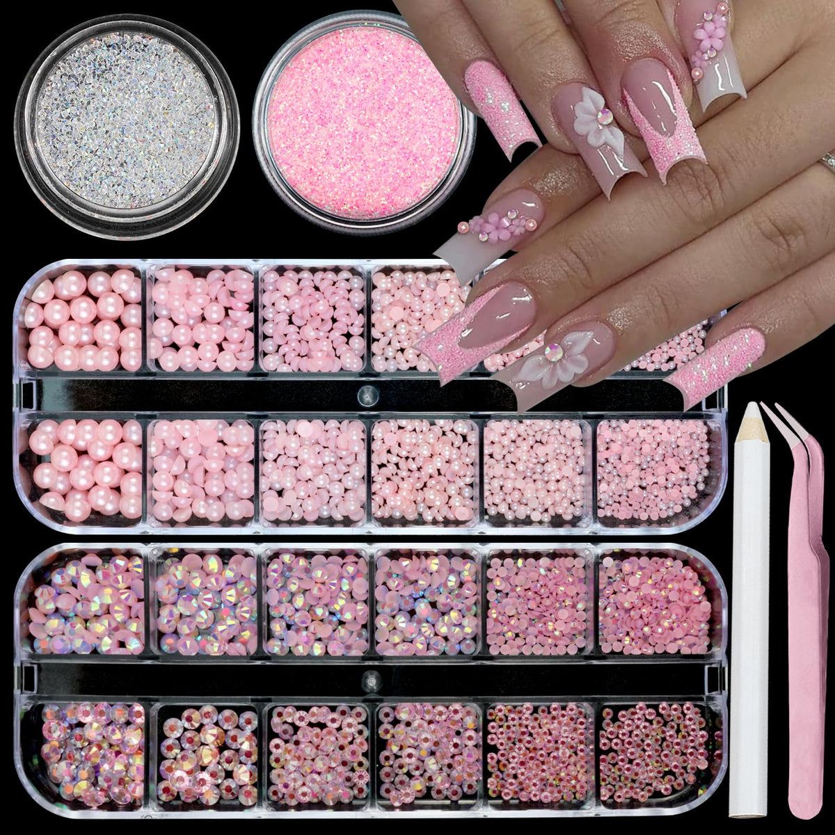 SEMATA front box and contents showing mixed pink pearls for easy kit use