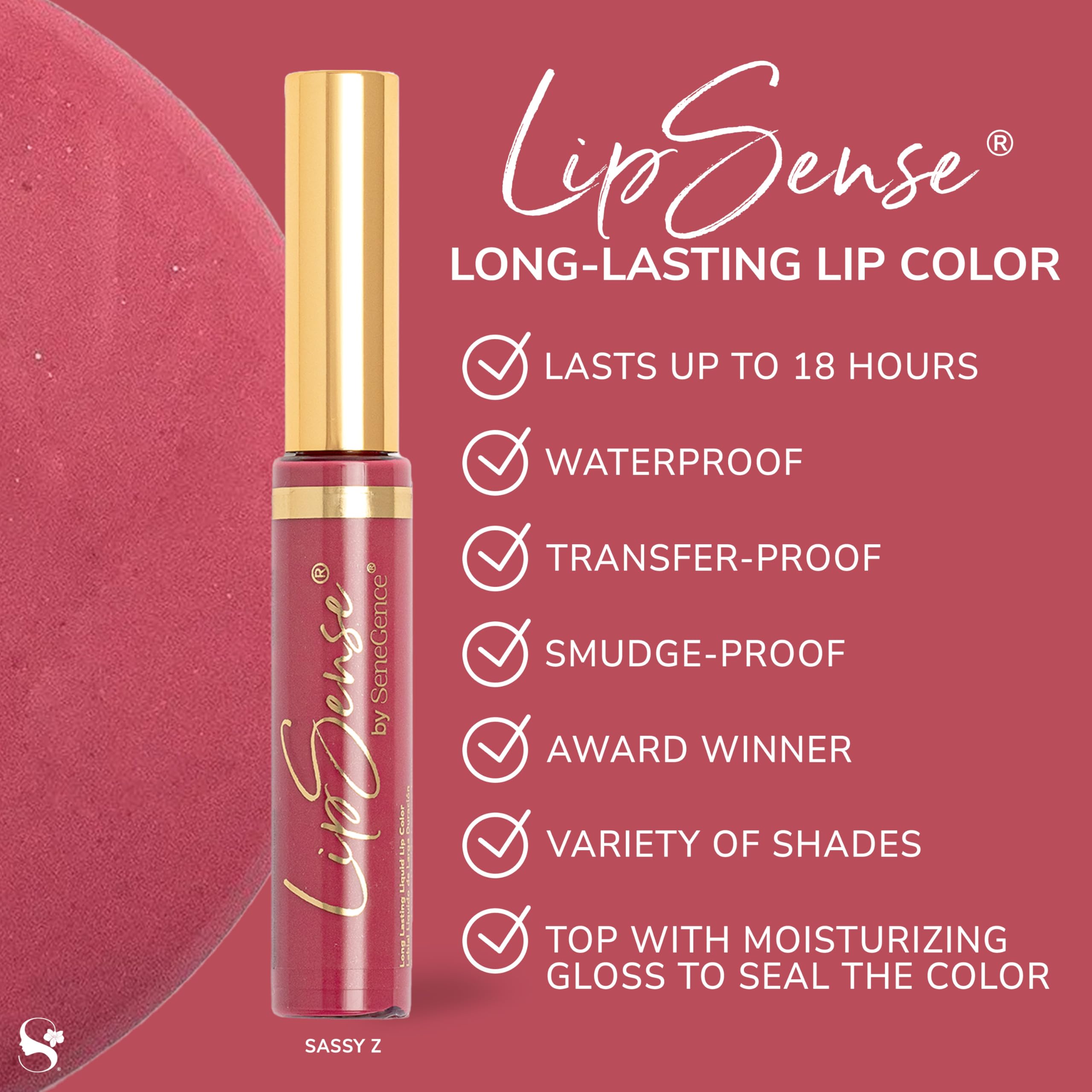 SeneGence LipSense swatch highlighting matte, shimmer, and frost finish options.