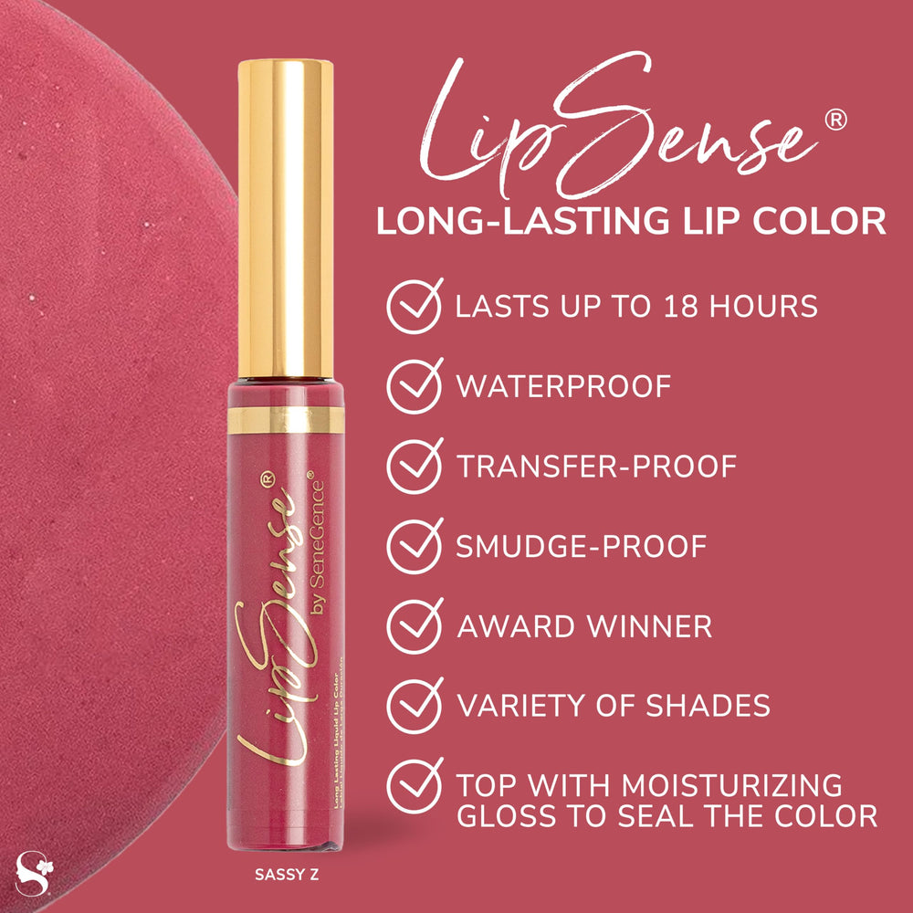 SeneGence LipSense swatch highlighting matte, shimmer, and frost finish options.