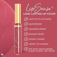 SeneGence LipSense swatch highlighting matte, shimmer, and frost finish options.