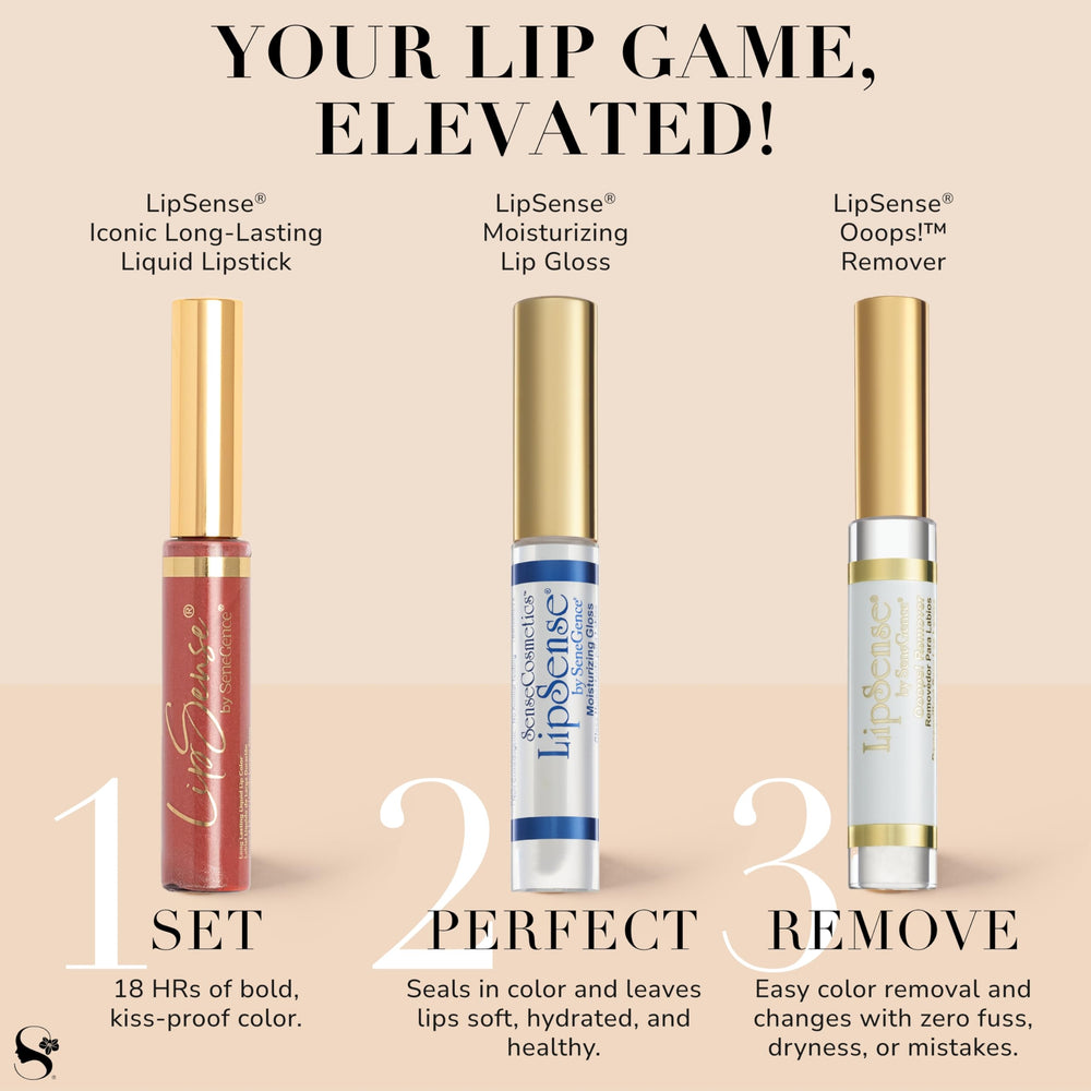 SeneGence LipSense Moisturizing Gloss packaging highlights ingredients like shea butter and vitamin E.