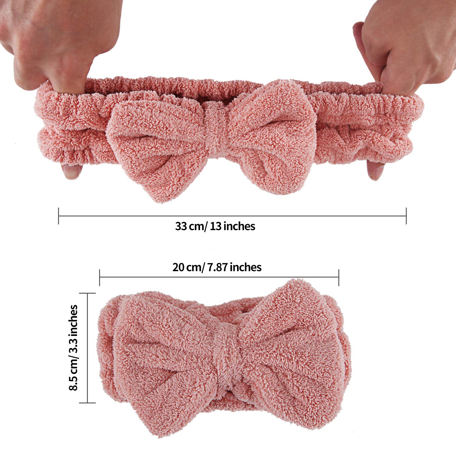 Senkary pink headband with bow design keeps hair away during cleansing.