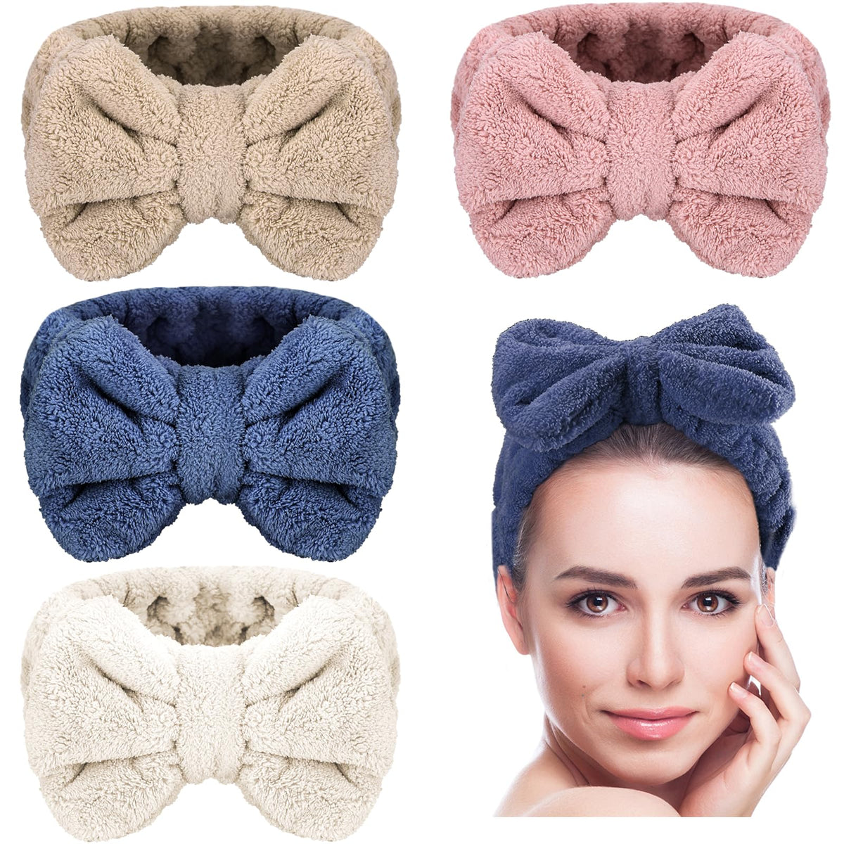 Senkary four-pack white headbands showcase plush microfiber for gentle skincare.