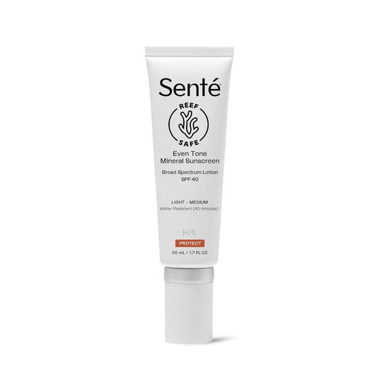 Sente Even Tone Sunscreen tinted packaging showcases reef-safe mineral protection for daily use