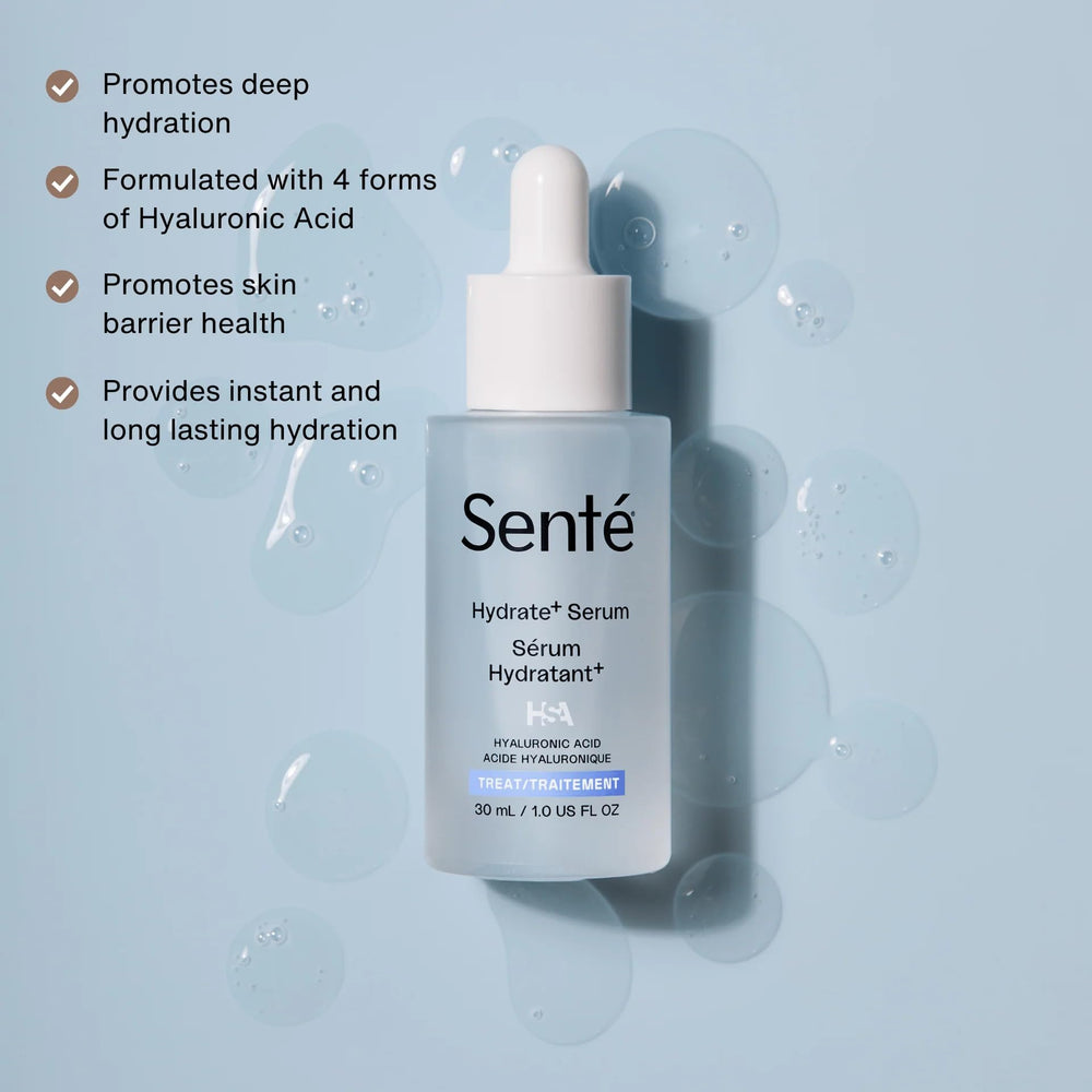 Sente Hydrate+ Serum top view highlighting sealed packaging for freshness.