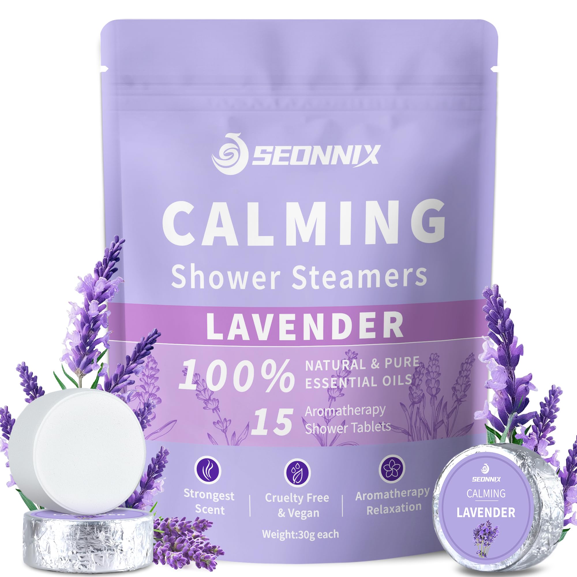 SEONNIX lavender shower steamer pack ready for daily self-care in a calm bathroom