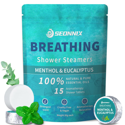 SEONNIX shower steamer pack with menthol, eucalyptus, and peppermint oils for refreshing aromatherapy.