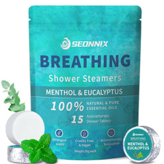 SEONNIX shower steamer pack with menthol, eucalyptus, and peppermint oils for refreshing aromatherapy.
