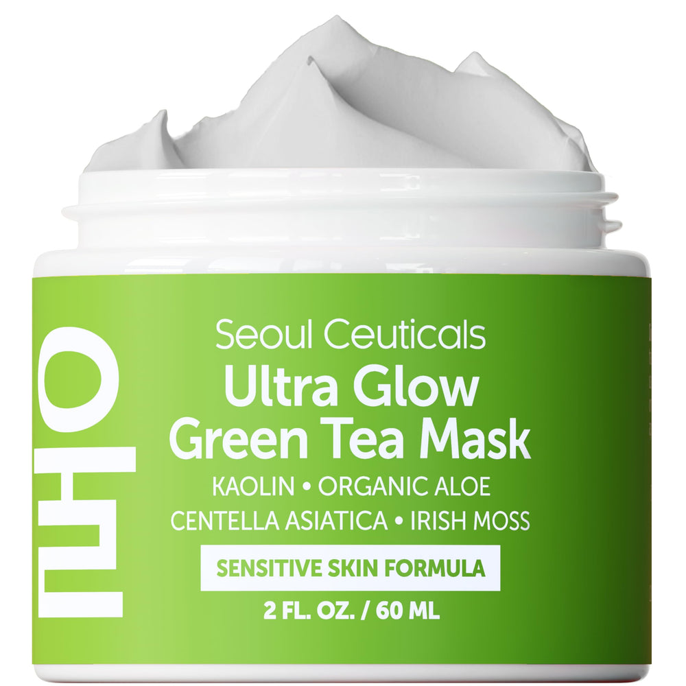 SeoulCeuticals Green Tea Wash Off Mask jar promoting gentle hydration