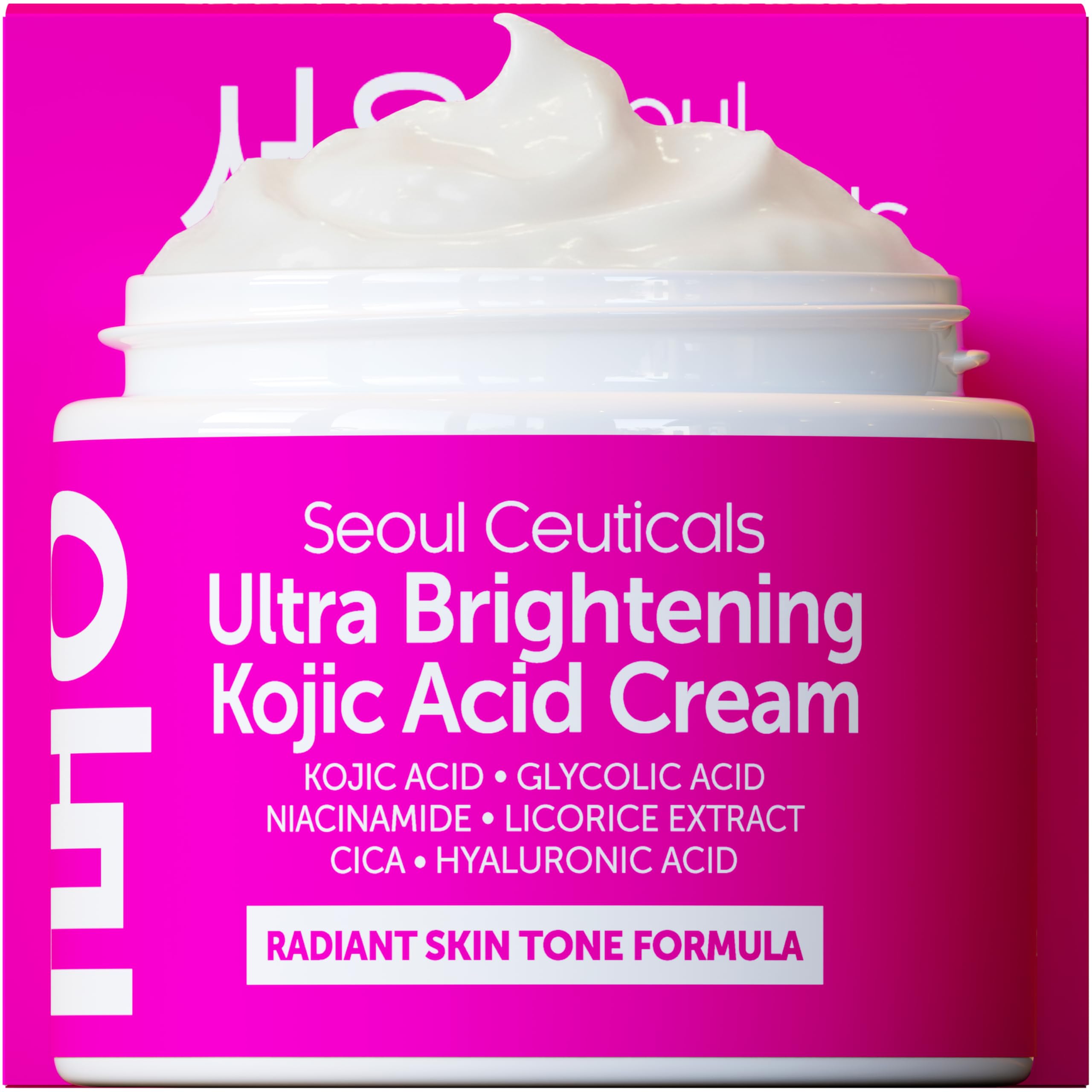 SeoulCeuticals Kojic Cream bottle close-up highlighting brightening for uneven skin tone
