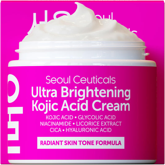 SeoulCeuticals Kojic Cream bottle close-up highlighting brightening for uneven skin tone