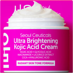 SeoulCeuticals Kojic Cream bottle close-up highlighting brightening for uneven skin tone